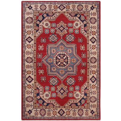 Southwestern Kazak Reynaldo Red/Beige Wool Rug - 4'0'' x 5'5''