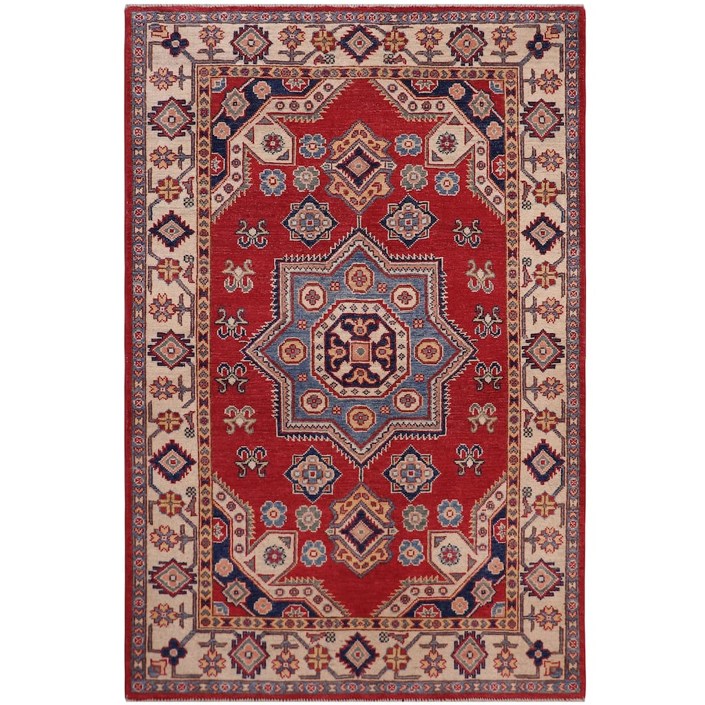 Southwestern Kazak Reynaldo Red/Beige Wool Rug - 4'0'' x 5'5''