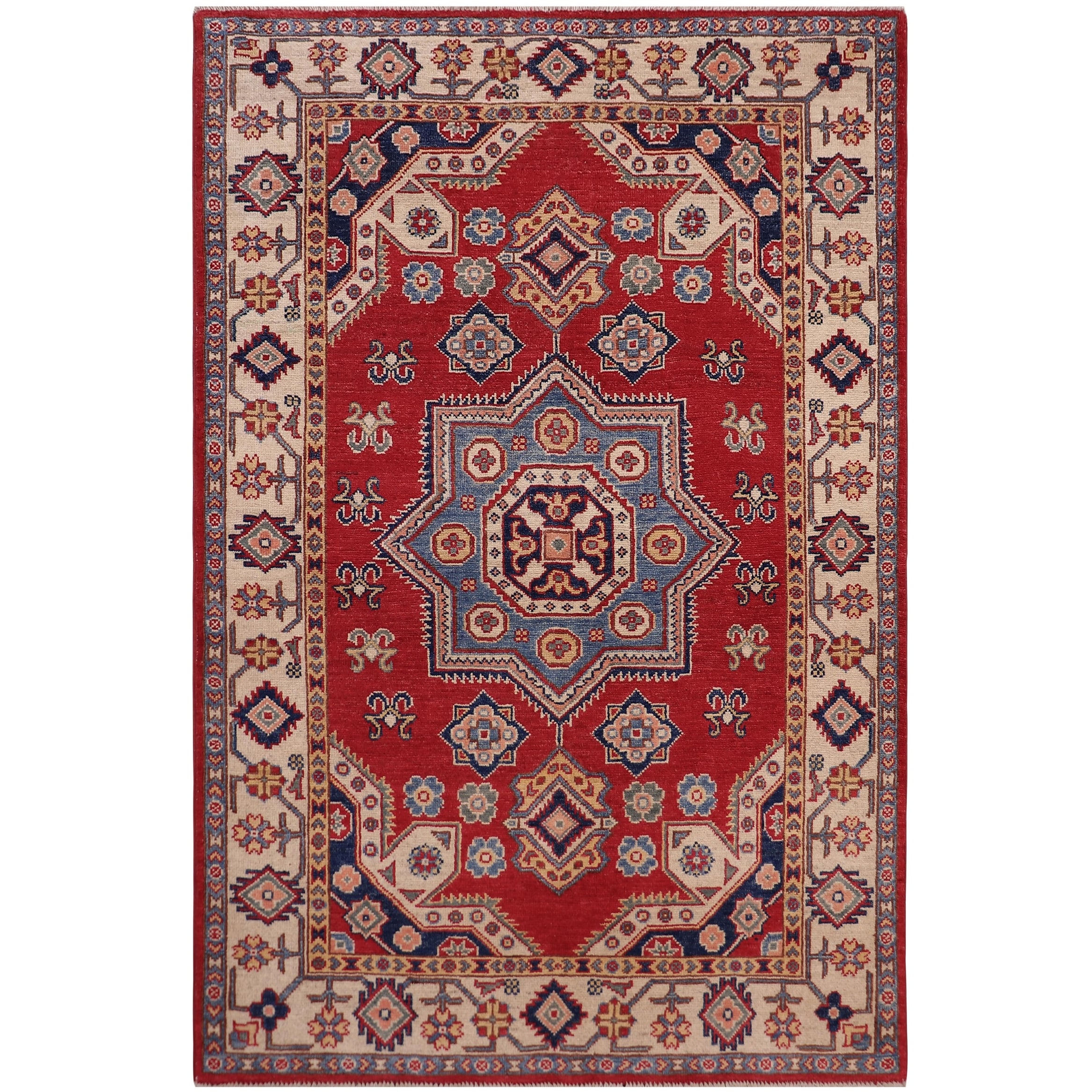 Southwestern Kazak Reynaldo Red/Beige Wool Rug - 4'0'' x 5'5''