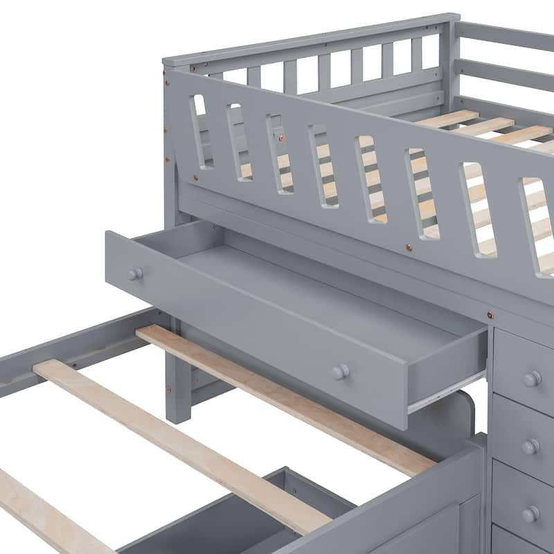 Gray Twin Size Solid Wood L-shaped Loft Bed with Drawers