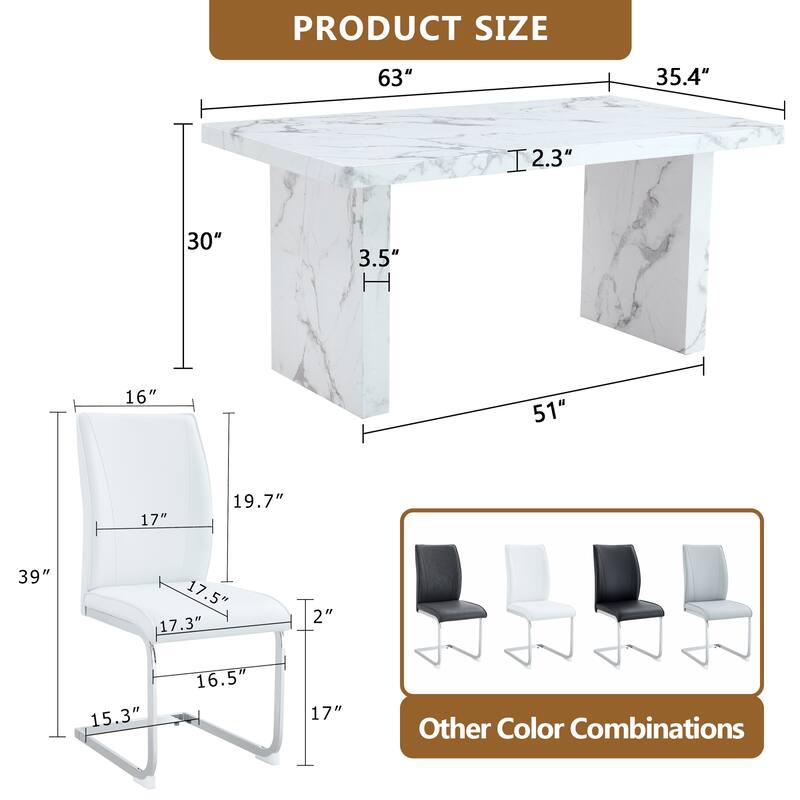 5 Piece Rectangular Dining Table Set, Modern 63" Imitation Marble Dining Table w/ 4 PU Upholstered Chair for Kitchen