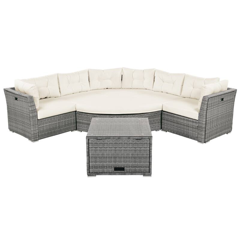 Roomfitters Outdoor Rattan Sectional Daybed Furniture Set with Cushions & Center Table for Patio