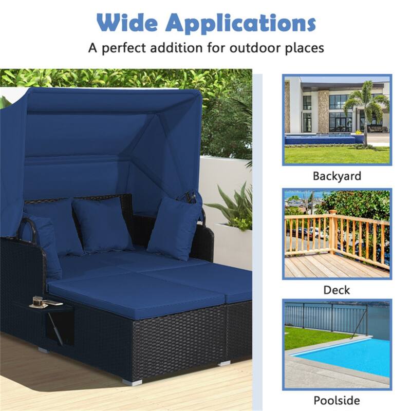 Rattan Daybed Lounge with Retractable Canopy and Side Tables - 65" x 60.5 x 58.5"
