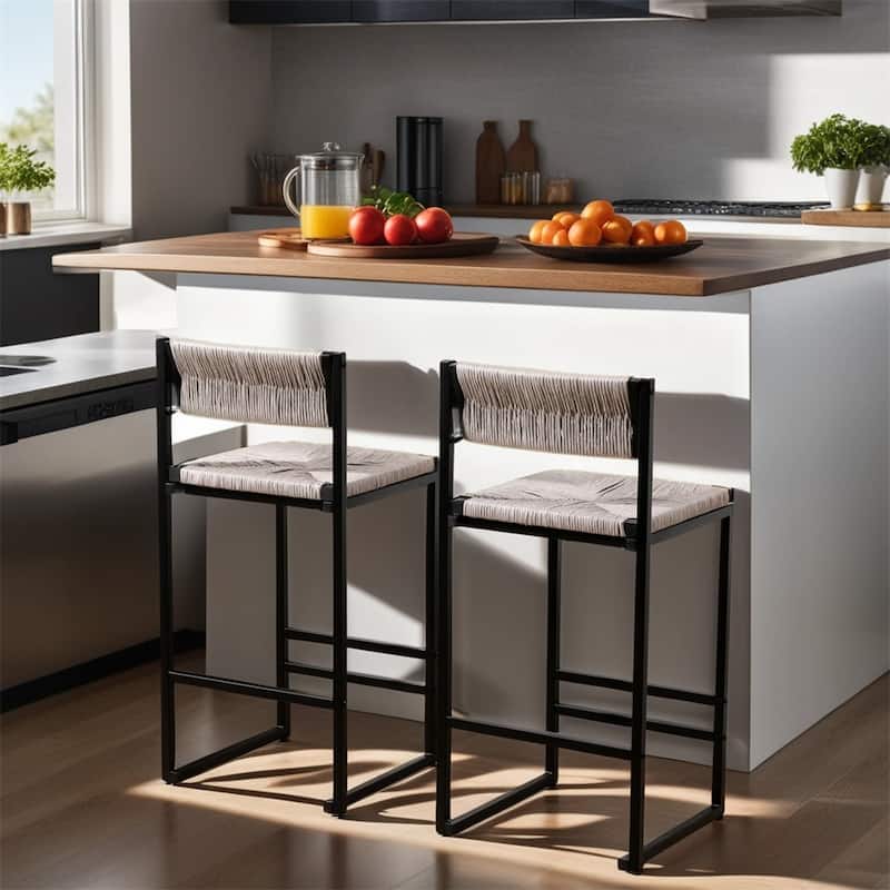 Modern Bar Stools with Metal Frame and Woven Seat(Set of 2) - N/A