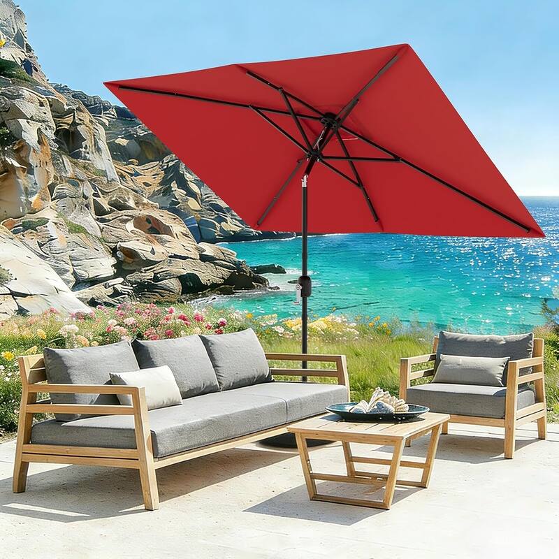 10' x 6.5' Solar Patio Umbrella with Crank and Push Button Tilt for Garden, Deck, Lawn, Pool (No Base) - Red