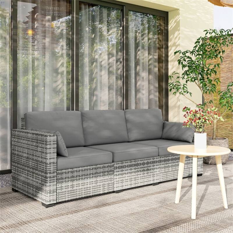 3-Seater Outdoor Rattan Sofa PE Wicker Galvanized Steel Frame Patio Deck Garden Couch with Cushions and Pillows