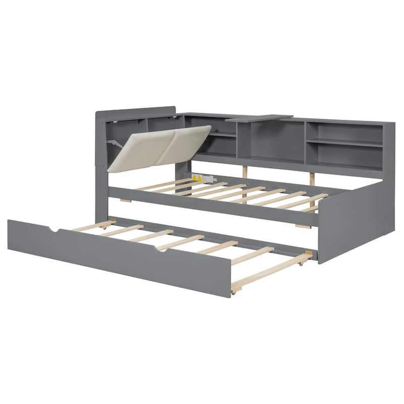 Roomfitters Twin Wood Platform Bed with Trundle, Storage Headboard and Multi-Level Shelves