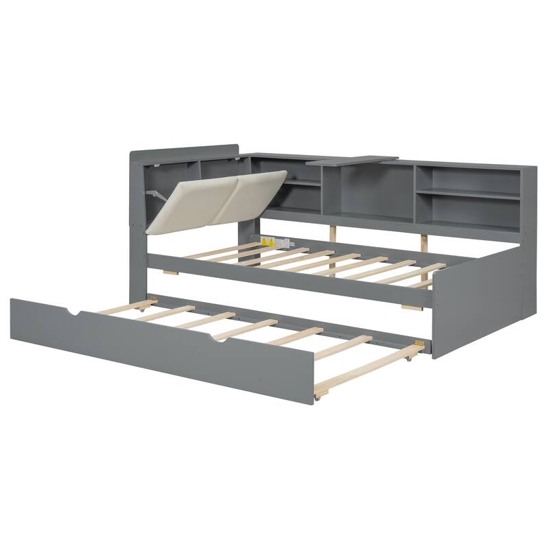 Wood Twin Size Platform Bed, Pull-out Trundle Bed with Shelves and Storage Bed Frame, L Shaped Floor-Bed w/Upholstered Headboard