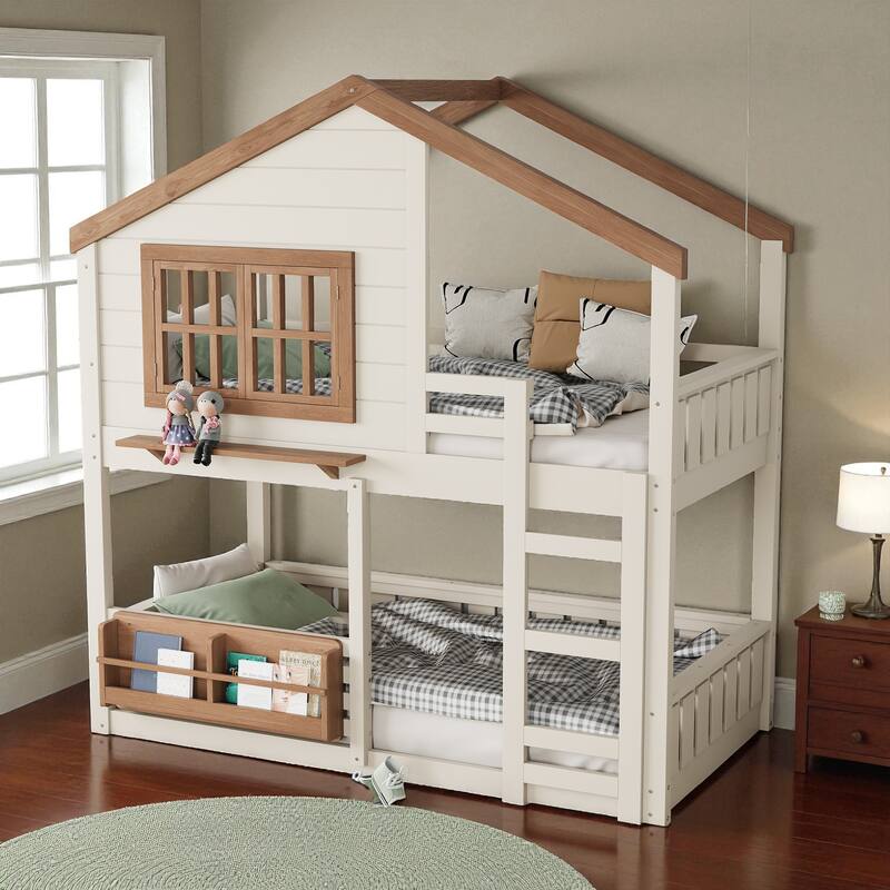 Twin/Full House Bunk Bed with Bookshelf, Safety Fence, Ladder and Loft Play Area, Wooden Kids Bed Frame - Beige - Twin