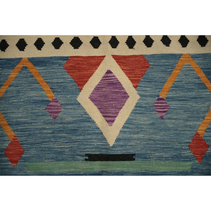 Hand Woven Oriental 100% Wool Carpet Southwestern Tribal Navy Blue & Blues Kilim Area Rug - 14' 10'' X 7' 0''