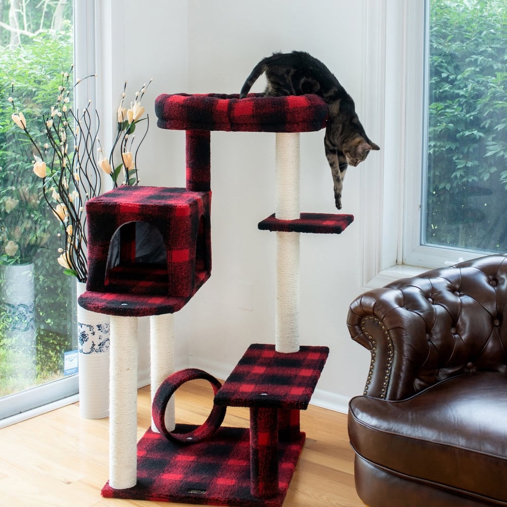 50-Inch Classic Real Wood Cat Tree With Veranda, Bench, Mini perch, and Spacious Lounger In Scotch Plaid