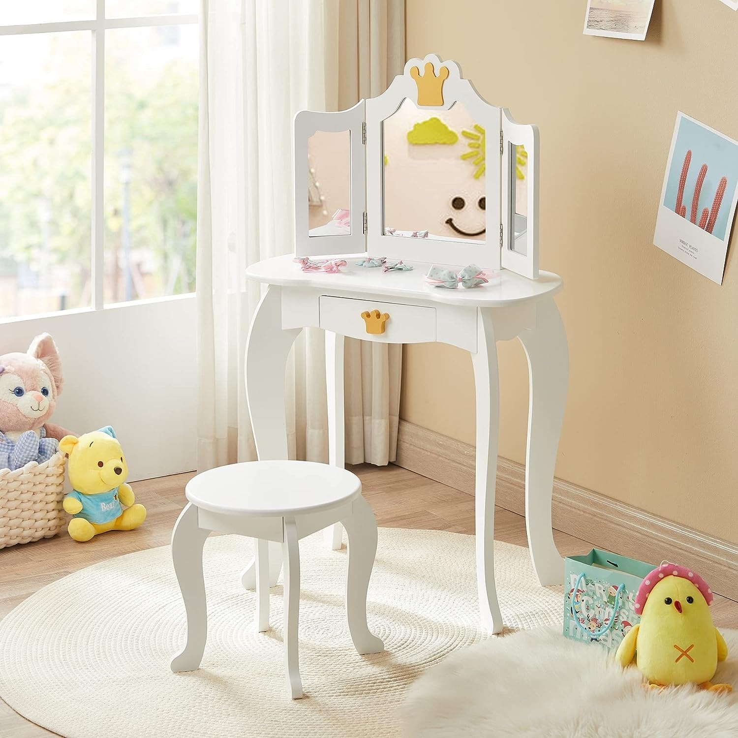Princess Makeup Table for Kids Vanity Set with Mirror Stool Tri Folding Mirror Drawer On Sale Bed Bath Beyond 39581325