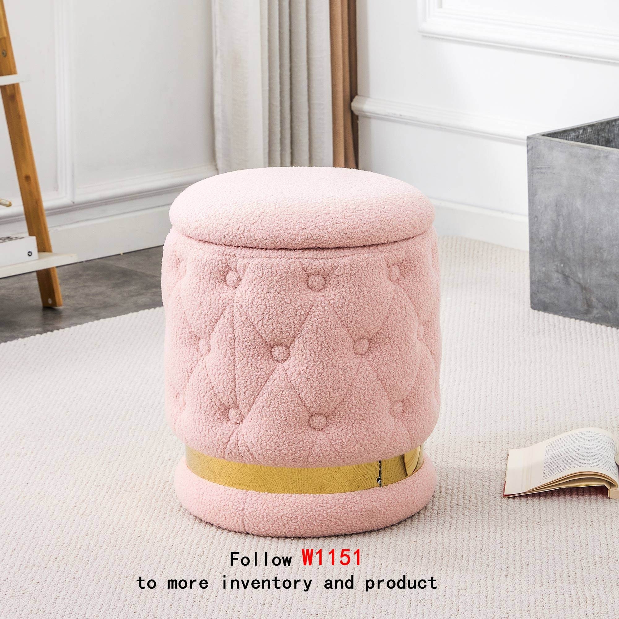 Chair Pink Round shape Teddy velvet Makeup Stool Footstool chair