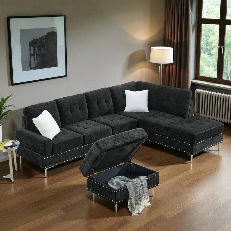 102" 3-Seater L-Shaped Sectional Sofa with Chaise and Storage Ottoman, Chenille Upholstery, Metal Legs, Rivet Trim & 2 Pillows