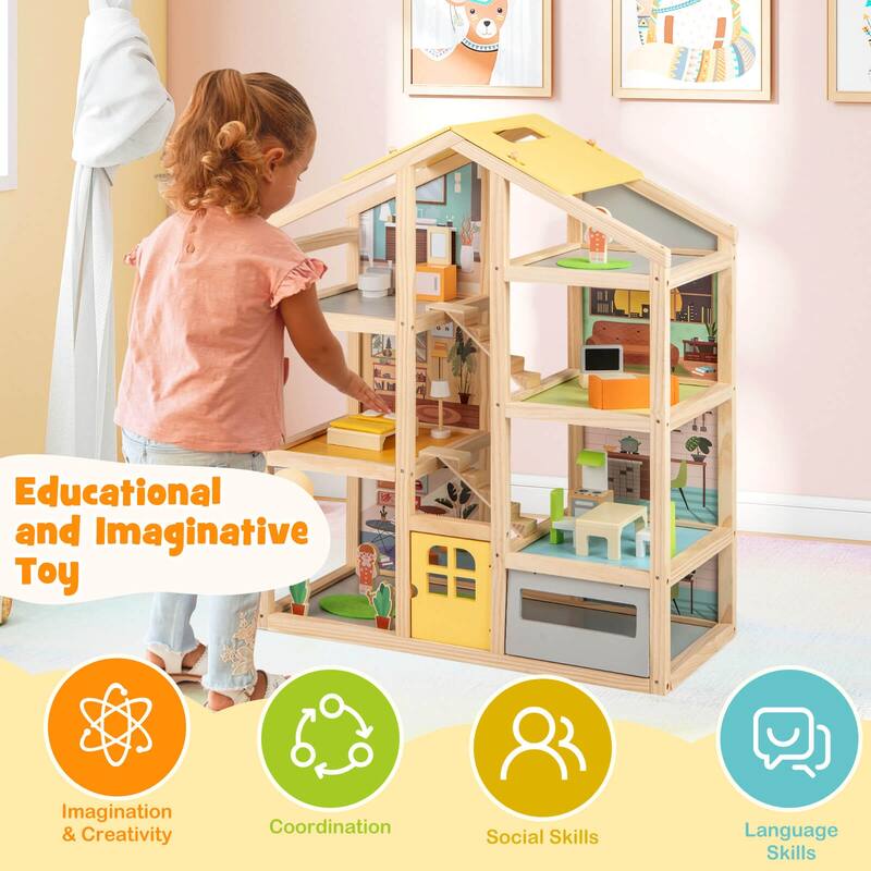 Costway Kids Wooden Dollhouse with 7 Rooms 18 Pcs Furniture - Natural - See Details