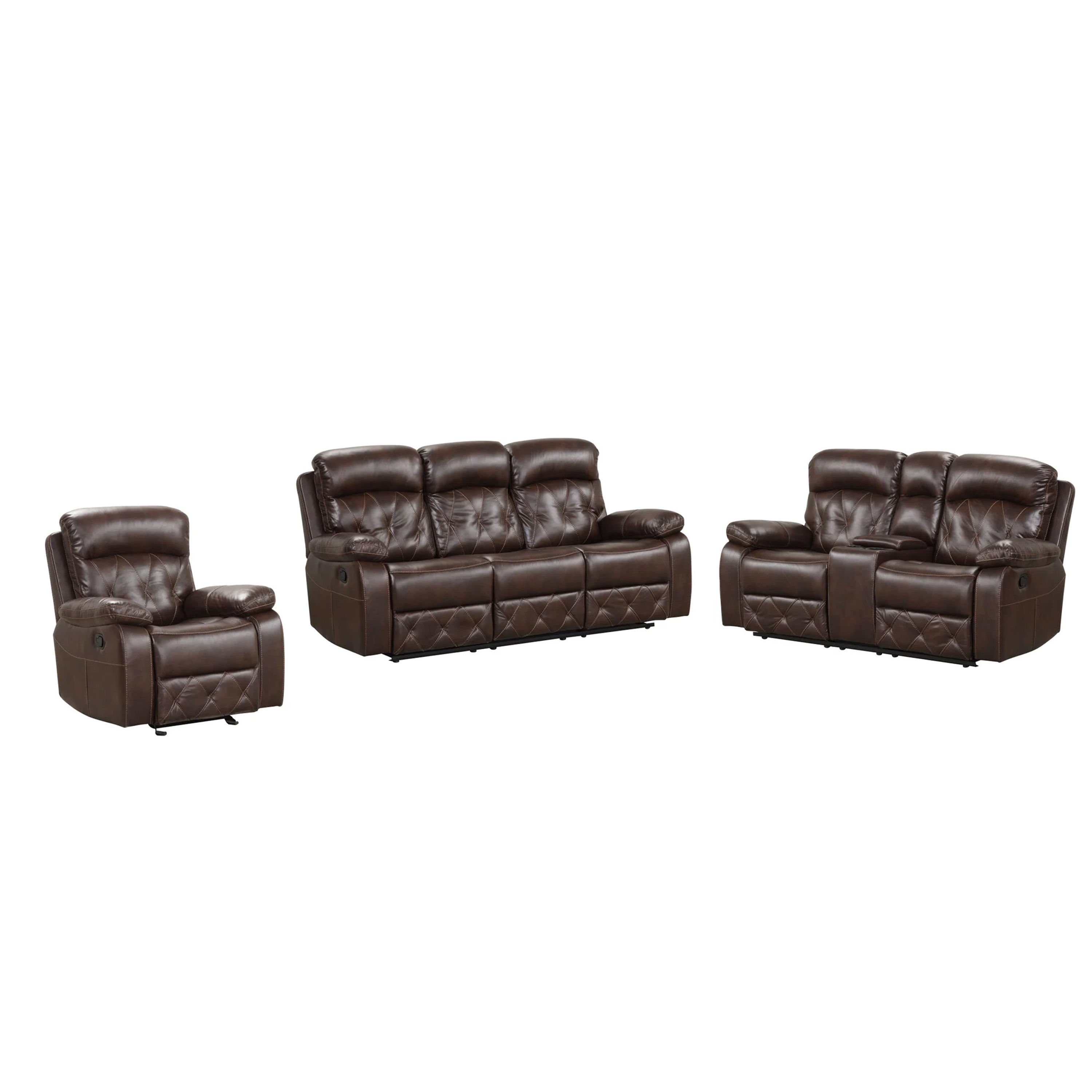 Kesy 3pc Manual Reclining Sofa, Loveseat and Chair Set, Brown Faux Leather