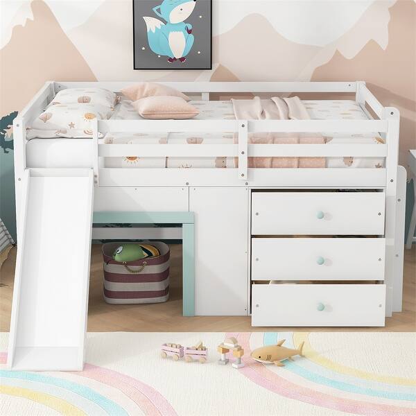 slide 2 of 9, Full Size Low Loft Bed with Slide,Three Storage Drawers and Two Doors