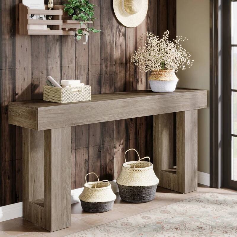 63 Inch Modern Rustic Entryway Console Table with Wood Finish and Legs for Hallway or Living Room - 63”L x 3.77”W x 33.46”H