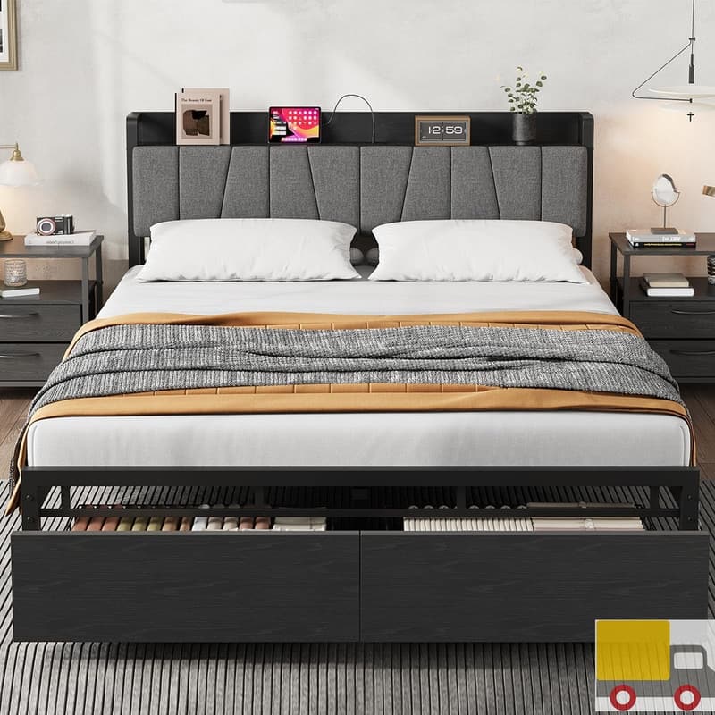 Platform Bed with Charging Station, Storage Drawers