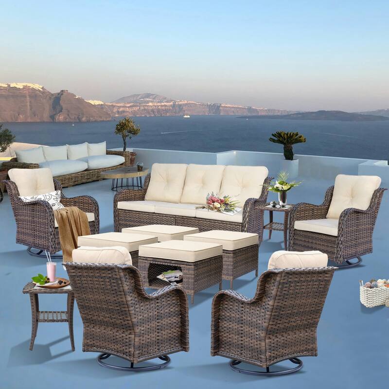 11 Piece Rattan Wicker Outdoor Patio Furniture with Swivel Chairs Set - Beige-Brown Wicker
