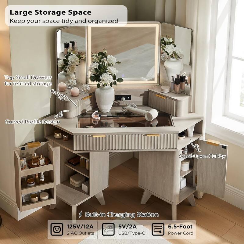 Modern Fluted Makeup Vanity Desk with 3 Way Mirror&Light, Vanity Table