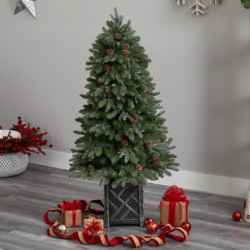 5Ft Flocked Artificial Christmas Tree with Lights - Holiday Decor, Pine Tree, Festive Tree, Indoor Tree - Green - 60