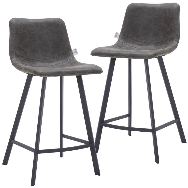 Elland Leather Bar Stool - Modern Counter Height Stool with Black Stainless Steel Legs for Kitchen Island or Home Bar Set of 2 - Grey
