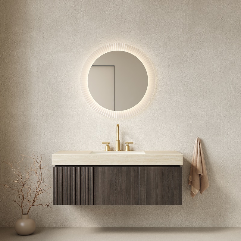 Floating Bathroom Vanity with Undermount Ceramic Basin with 3 Pre-drilled Faucet Holes - Beige and Espresso - 47.64'' x 18.9'' x 17.72''