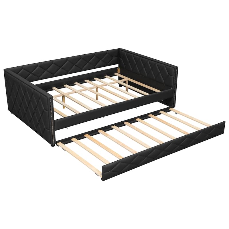 Full XL Size Upholstered Daybed with Trundle Bed and LED Armrests, Rhombic Blocks Frame Sofa Bed, U-shape Bed Frame