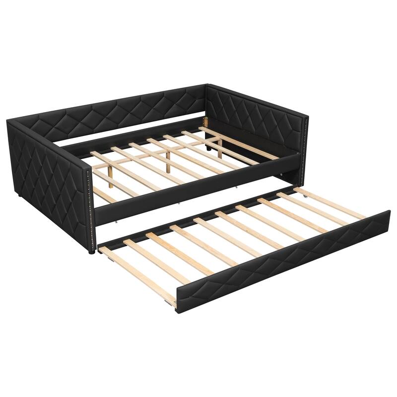 Full XL Upholstered Daybed with Trundle and LED Armrests - Black - Full