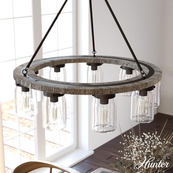 slide 2 of 9, Hunter Devon Park 9-Light Chandelier, Wagon Wheel - Dining Room - Rustic, Farmhouse, Clear Glass Onyx Bengal-Barnwood