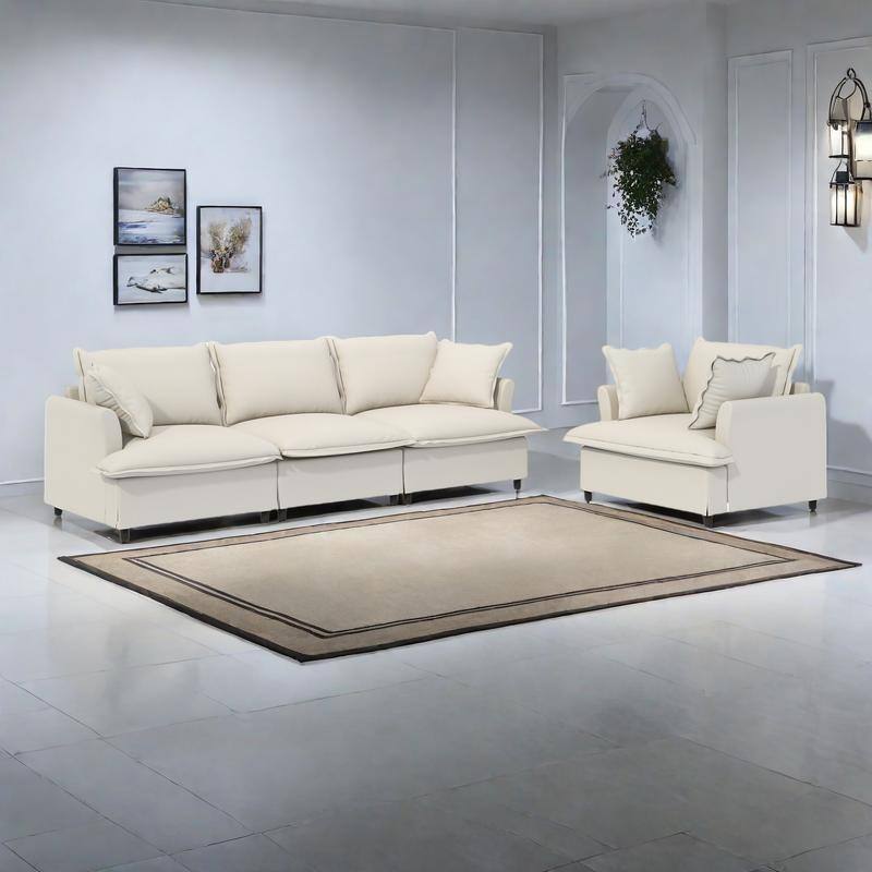 2-Pieces Chenille Modular Sofa Set with Throw Pillows, Skirted Edge Design, and Pocket Spring Cushions (3-Seater + Armchair) - Beige