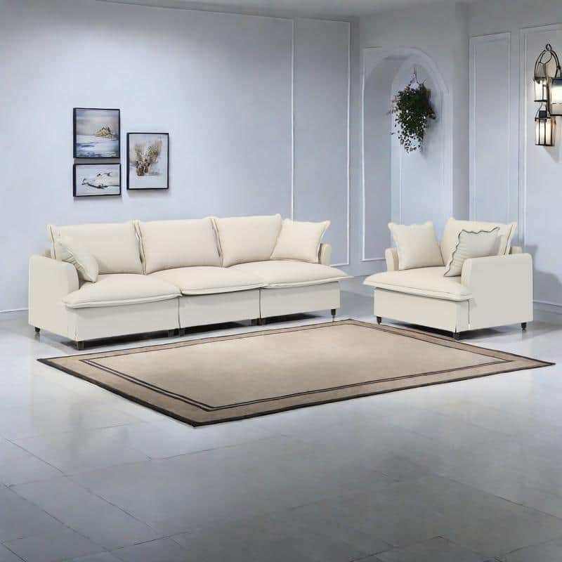 2-Pieces Chenille Modular Sofa Set with Throw Pillows, Skirted Edge Design, and Pocket Spring Cushions (3-Seater + Armchair)