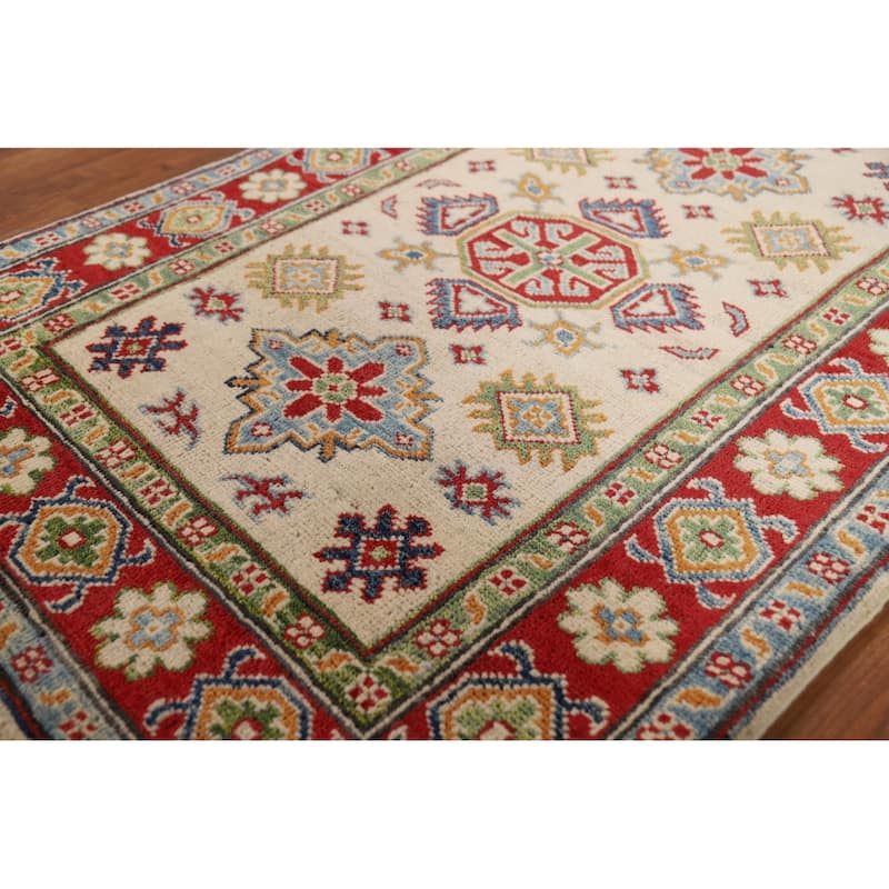 Beige Geometric Kazak Foyer Rug Handmade Wool Carpet - 2'9"x 4'0"