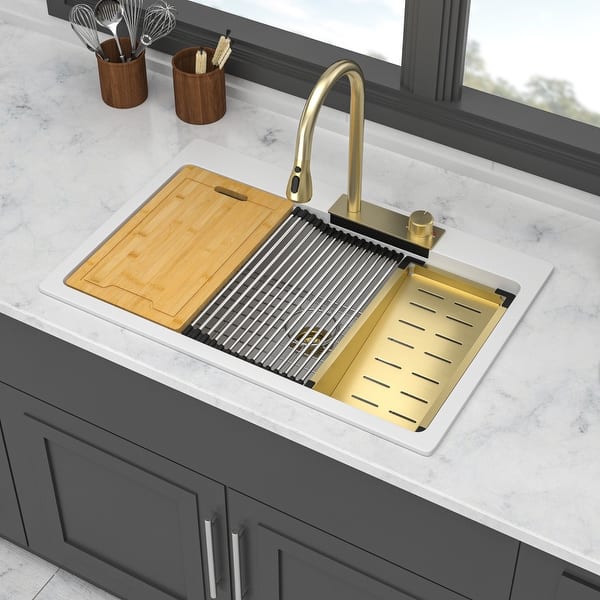 slide 2 of 18, 33 x 22 inch Composite Granite Quartz Drop In Kitchen Sink with Pull-Out Faucet and Cutting Board White