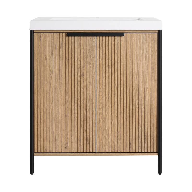 59-inch Double Sink Bathroom Vanity with Adjustable Shelves, Soft-Close Hinges, Resin Basin