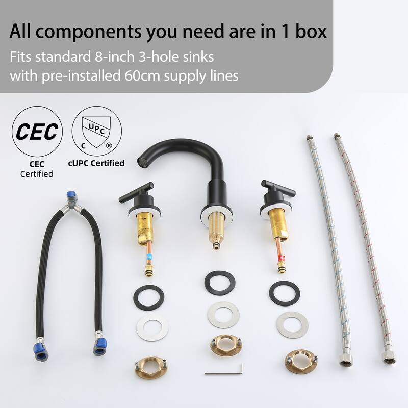 Modland Widespread 3-Hole Bathroom Faucet, 500K Cycle Ceramic Cartridge, 360 Swivel Spout & CEC Certified (Black/Gold/Nickel)