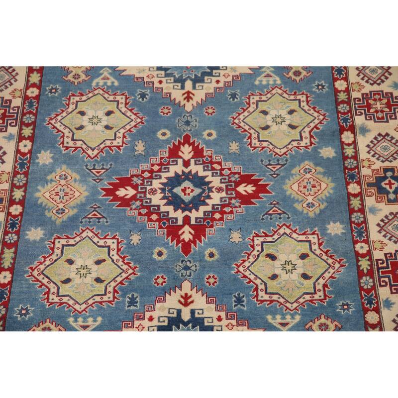 Hand Knotted Oriental 100% Wool Carpet Traditional Geometric Navy Blue & Blues Kazak Area Rug - 9' 10'' X 6' 8''