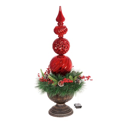 36"H Red Finial Shatterproof Battery Operated Twinkling White LED Ornament with Wreath in Urn