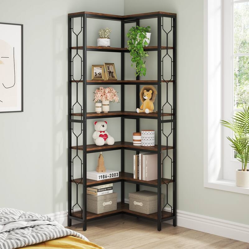 79 Inch Corner Bookshelf, 7-Tier L-shaped Bookcase, Wood and Metal Corner Display Shelf