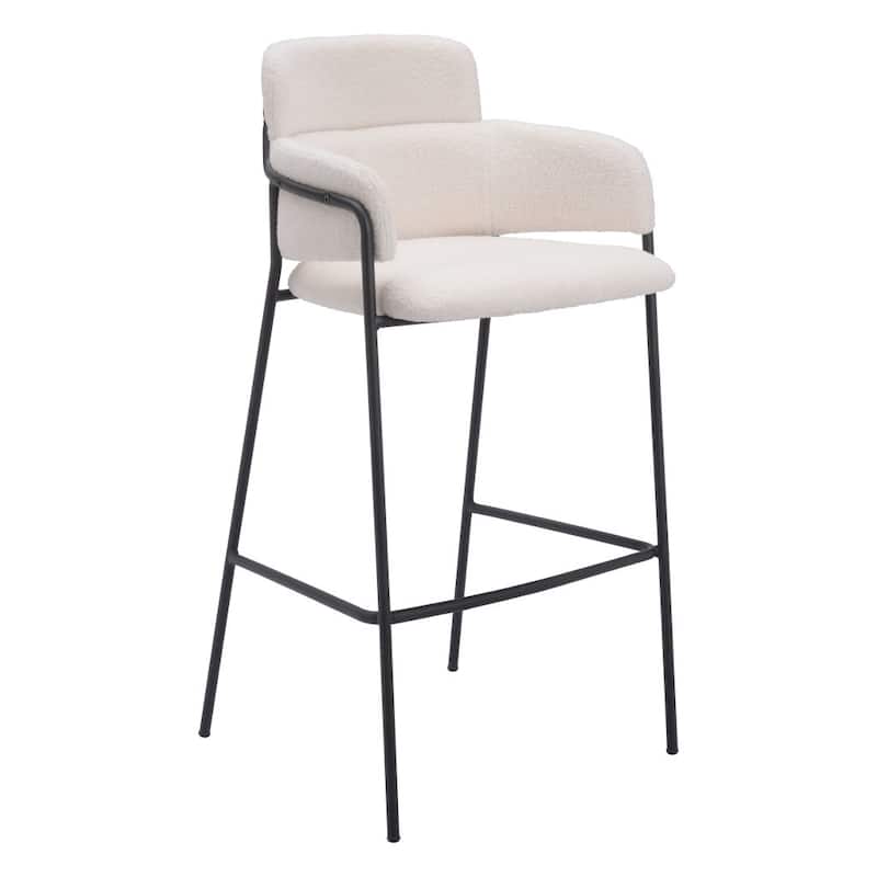 HomeRoots Set of Two 30" Cream and Black Faux Shearling and Steel Bar Height Bar Chairs