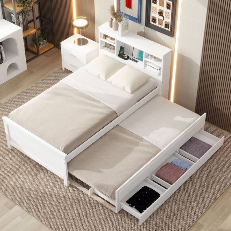 Twin Size Platform Bed with Storage Headboard, USB, Twin Size Trundle and 3 Drawers - White