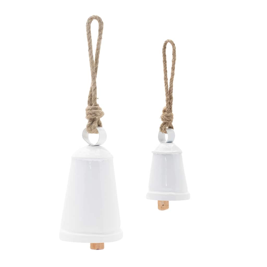 Set of 4 White Iron Christmas Bell Ornaments with Wooden Clappers and Jute Rope for Wreaths - 3.75”L x 3.75”W x 6.5”H