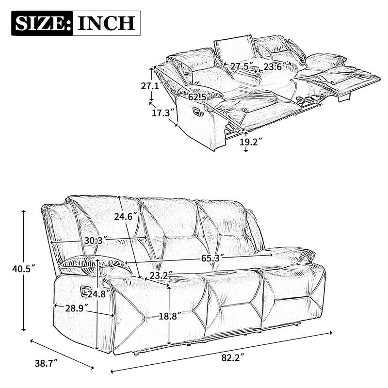 3 Seater Home Theater Recliner Manual Recliner Chair with a LED Light Strip Two Built-in Cup Holders