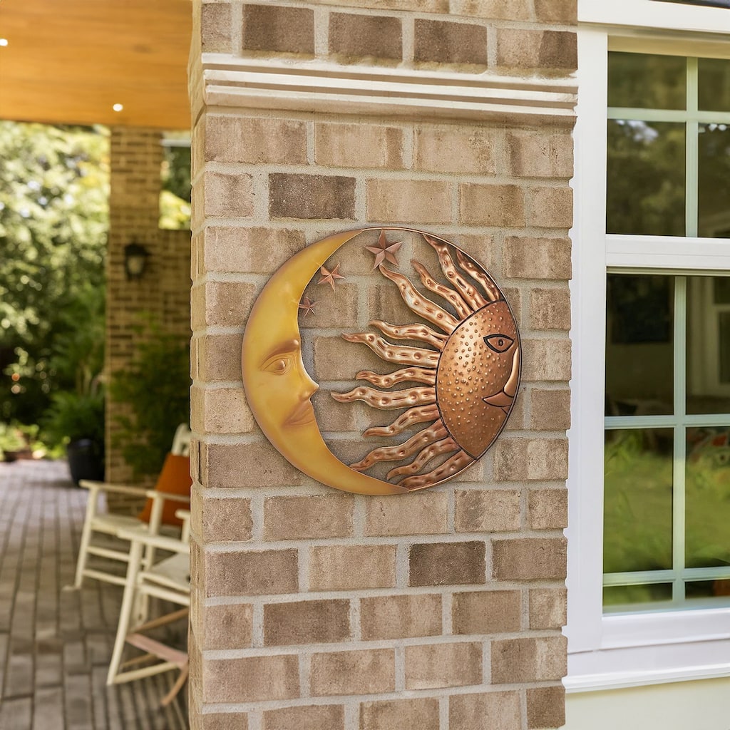 21 Inch Handcrafted Sun and Moon Accent Wall Decor, Round Metal Wall Mount, Rustic Gold, Bronze