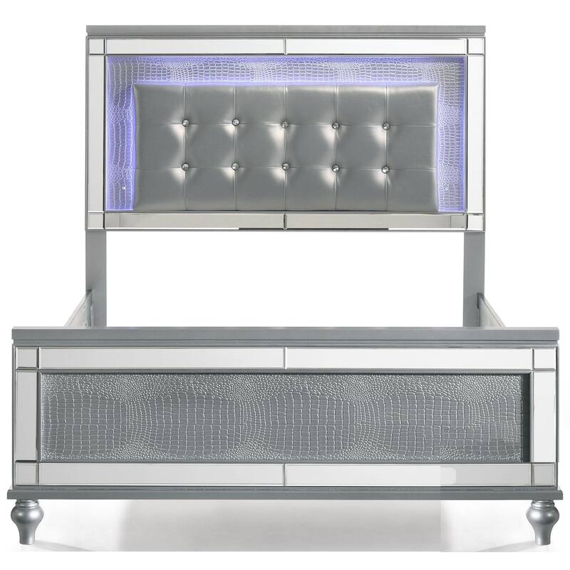 Lee Queen Size Bed, LED, Tufted Faux Leather Upholstery, Textured Silver