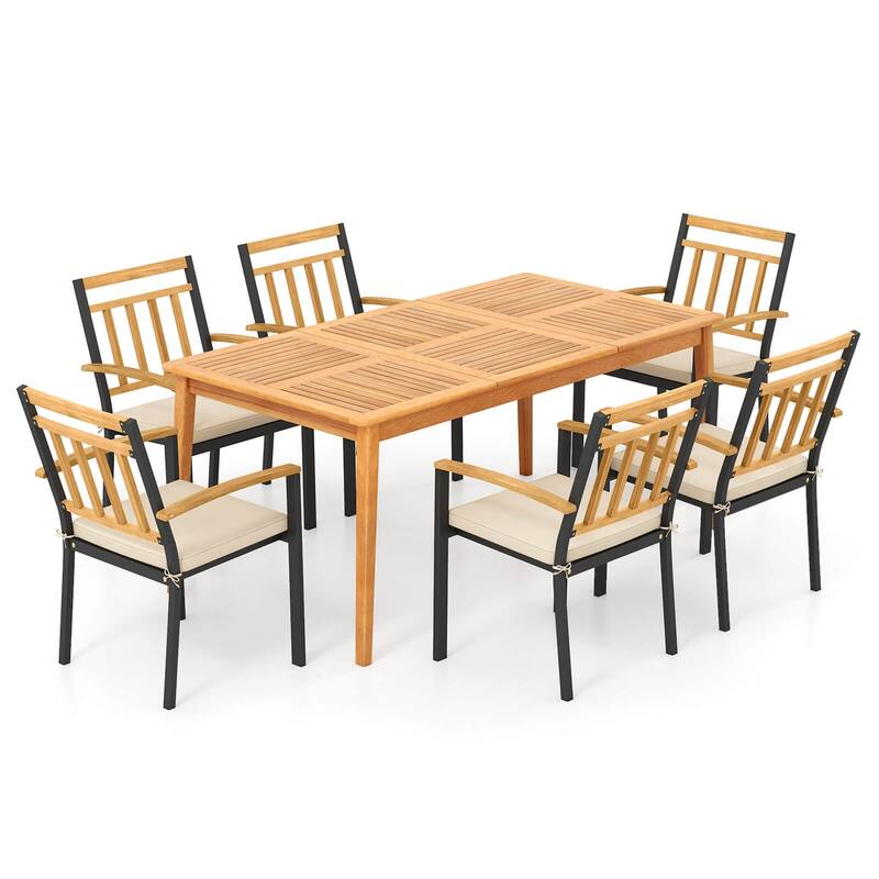 Costway 7 PCS Patio Acacia Wood Dining Set with Soft Seat Cushions