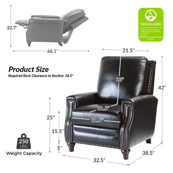 dimension image slide 6 of 8, Cigar Mid-century Modern Genuine Leather Recliner with Solid Wood Legs and Nailhead Trim Set of 2 by HULALA HOME