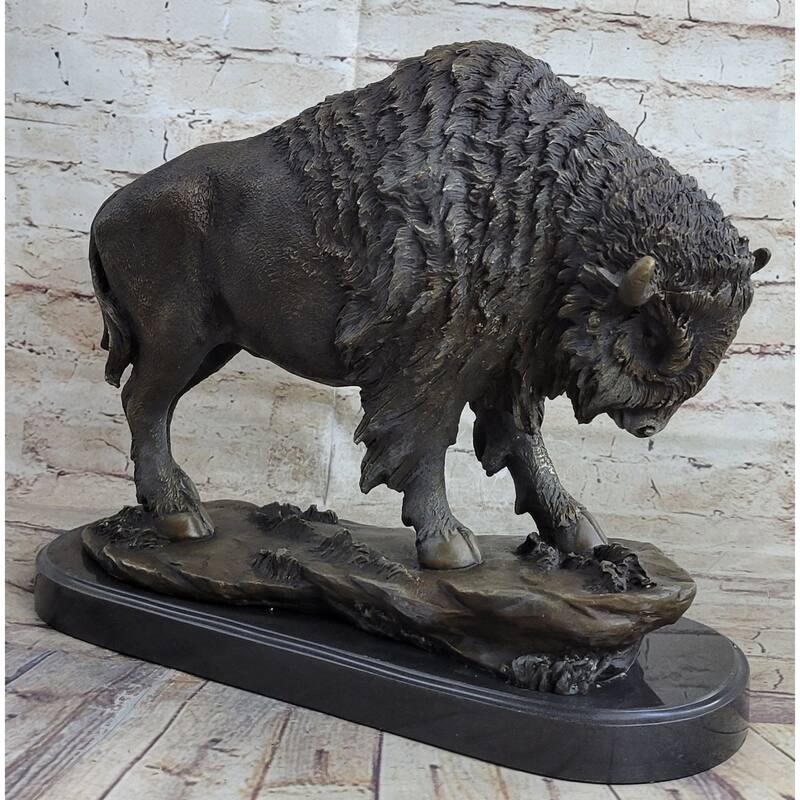 American Bison Buffalo Bronze Metal Statue Sculpture Wildlife Art Deco On Marble Base