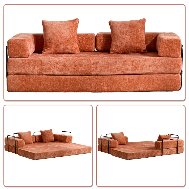Modern Minimalist Compressed Upholstered Convertible Two-Seater Sofa Bed with External Metal Frame